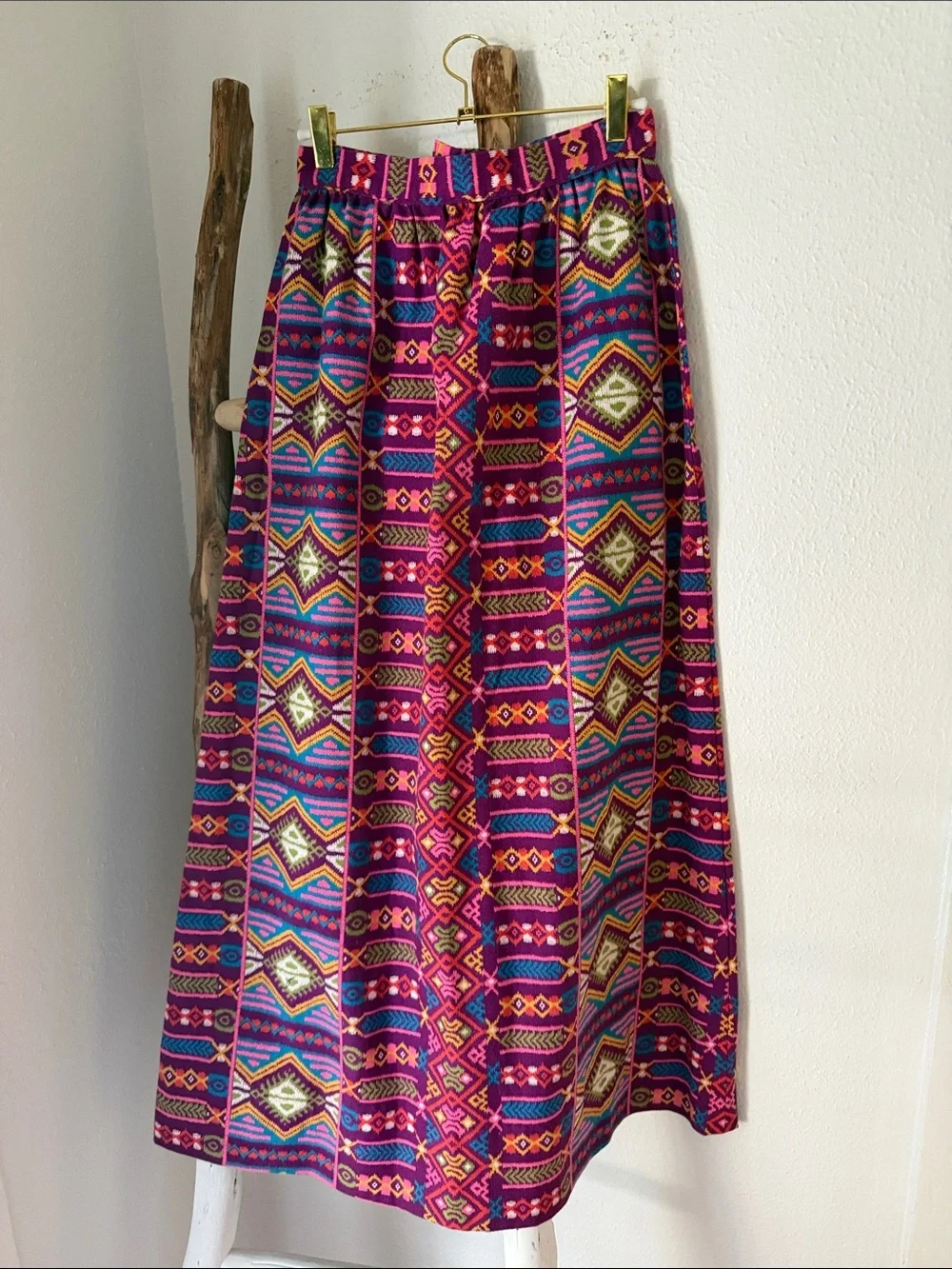 Vintage 70s Handmade Purple Pink & Teal Southwestern Tribal Maxi Skirt Small